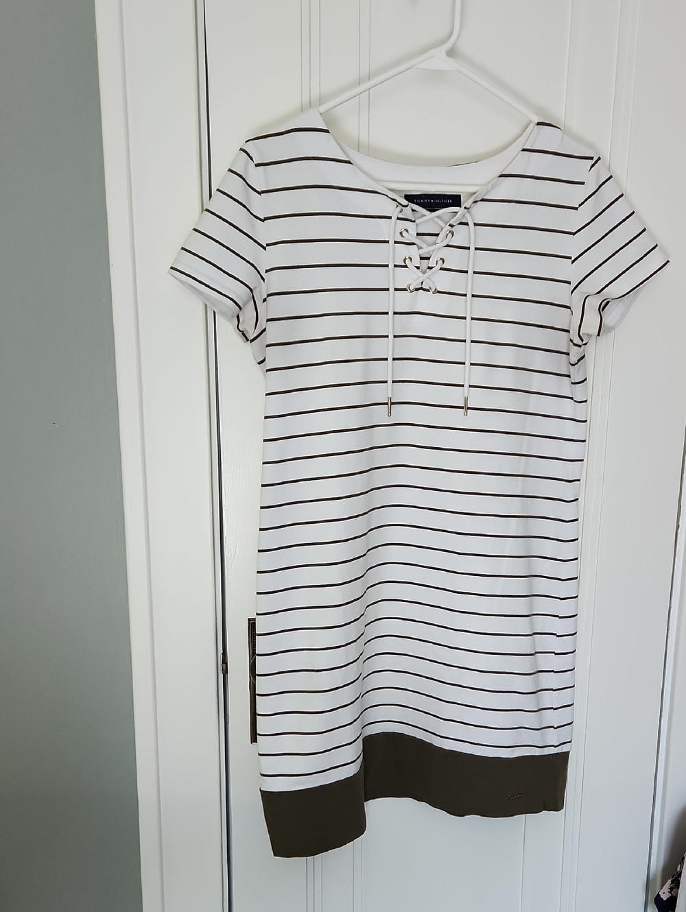 Tommy Hilfiger White Striped Lace-Up Top with Dark Olive Stripes